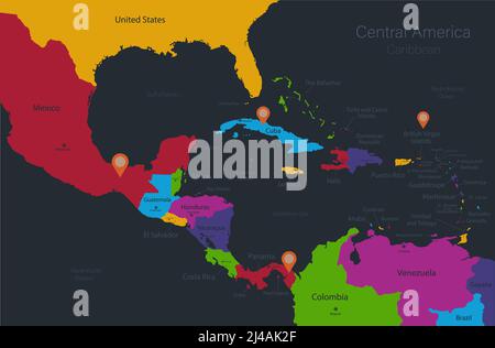 Infografica Mappa dell'America Centrale e delle Isole Caraibi, colori di design piatti, stati e isola con nomi, sfondo blu con vettore di punti arancioni Illustrazione Vettoriale