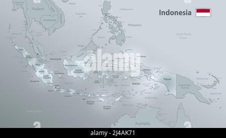 Indonesia mappa e bandiera, divisione amministrativa, separa regioni e nomi, disegno vetro scheda 3D vettore Illustrazione Vettoriale