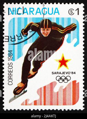NICARAGUA - CIRCA 1984: Un francobollo stampato in Nicaragua mostra Speed Skating, 1984 Olimpiadi invernali, Sarajevo, circa 1984 Foto Stock