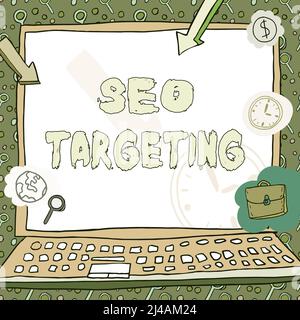 Ispirazione che mostra il targeting Seo del segno. Parole chiave specifiche del concetto del Internet per il luogo Landing Page parte superiore Poster del dominio decorato con simboli monetari Foto Stock