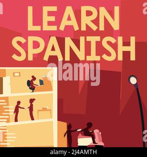 Testo che mostra l'ispirazione Impara lo spagnolo. Vetrina delle imprese traduzione Lingua in Spagna Vocabolario dialetto Speech Office Building con grattacieli Foto Stock