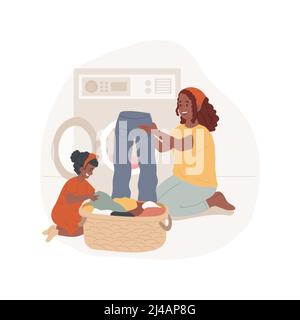 Aiuto con lavanderia isolato cartoon illustrazione vettoriale. Bambini aiutare mamma con lavanderia, madre e bambino caricamento lavatrice insieme, famiglia routine quotidiana, casa di lavoro vettore cartone animato. Illustrazione Vettoriale