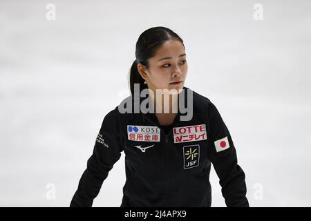 Tallinn, Estonia. 13th Apr 2022. Rinka WATANABE (JPN), durante la pratica femminile, al campionato mondiale di pattinaggio a figure junior ISU 2022, presso la sala di pattinaggio di Tondiraba, il 13 aprile 2022 a Tallinn, in Estonia. Credit: Raniero Corbelletti/AFLO/Alamy Live News Credit: AFLO Co. Ltd./Alamy Live News Foto Stock