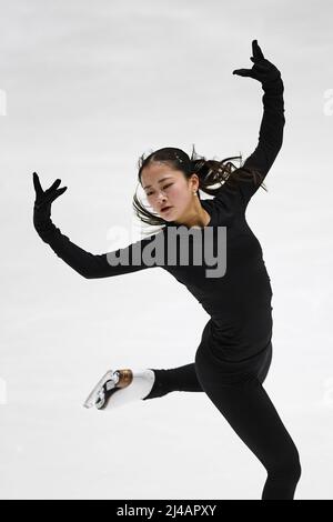 Tallinn, Estonia. 13th Apr 2022. Rinka WATANABE (JPN), durante la pratica femminile, al campionato mondiale di pattinaggio a figure junior ISU 2022, presso la sala di pattinaggio di Tondiraba, il 13 aprile 2022 a Tallinn, in Estonia. Credit: Raniero Corbelletti/AFLO/Alamy Live News Credit: AFLO Co. Ltd./Alamy Live News Foto Stock