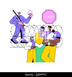 Illustrazione vettoriale del concetto astratto della migrazione di frontiera. Servizi di migrazione di frontiera, trasferimento all'estero, controllo delle pattuglie di frontiera, rifugiato illegale, modulo di richiesta, confine trasversale metafora astratta. Illustrazione Vettoriale