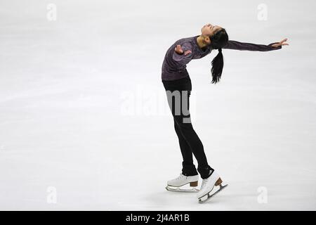 Tallinn, Estonia. 13th Apr 2022. Rion SUMIYOSHI (JPN), durante la pratica femminile, al campionato mondiale di pattinaggio a figure junior ISU 2022, presso il Tondiraba Ice Hall, il 13 aprile 2022 a Tallinn, in Estonia. Credit: Raniero Corbelletti/AFLO/Alamy Live News Credit: AFLO Co. Ltd./Alamy Live News Foto Stock