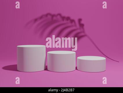 Magenta brillante, rosa neon, 3D rendering di un semplice, minimal prodotto display composizione sfondo con tre podi o stand e palme ombre in t Foto Stock