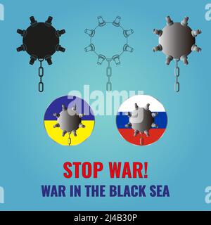 Set di mine marine. Due mine sulla bandiera di Russia e Ucraina. Lettere Stop war! Guerra nel Mar Nero. Illustrazione Foto Stock