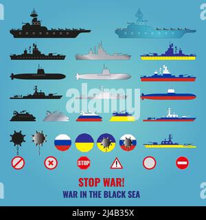 Una serie di icone di navi, miniere navali e segni anti-guerra dipinte nei colori delle bandiere di Russia e Ucraina. Scrittura Nessuna guerra! La guerra nella S Nera Illustrazione Vettoriale