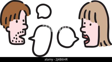 Illustrazione vettoriale disegnata a mano di persone che parlano in stile cartone animato. Uomini e donne di coppia parlare con bolla di discorso Illustrazione Vettoriale