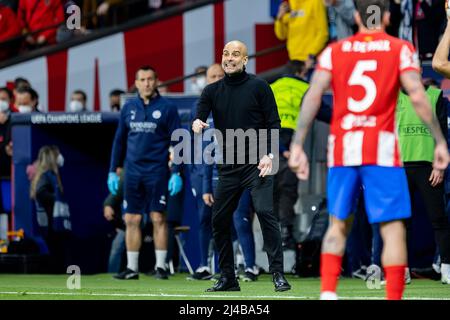 Madrid, Spagna. 13th Apr 2022. Guardiola in azione durante la partita della UEFA Champions League tra Atletico de Madrid e Manchester City allo Stadio Metropolitano di Madrid, Spagna. Credit: Christian Bertrand/Alamy Live News Foto Stock