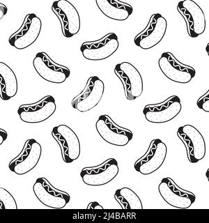 Illustrazione vettoriale disegnata a mano del motivo hotdog. In bianco e nero. Stile cartoon. Illustrazione Vettoriale