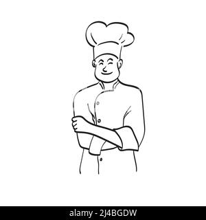 ritratto uomo chef in piedi con braccia ripiegate illustrazione vettore disegnato a mano isolato su sfondo bianco art. Illustrazione Vettoriale