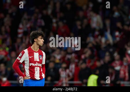 Madrid, Spagna. 13th Apr 2022. Joao Felix di Atletico de Madrid reagisce dopo una seconda tappa finale della UEFA Champions League tra Atletico de Madrid di Spagna e Manchester City FC d'Inghilterra allo stadio Wanda Metropolitano di Madrid, Spagna, 13 aprile 2022. Credit: Meng Dingbo/Xinhua/Alamy Live News Foto Stock