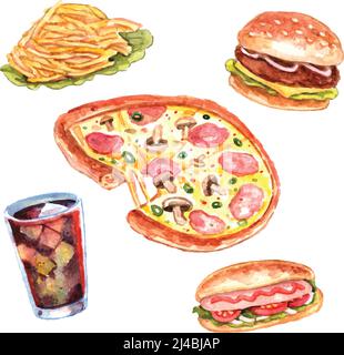 Fast food ristorante menu pranzo con pizza disegnata a mano e. pittogrammi hotdog composizione vettore acquerello illustrazione isolata Illustrazione Vettoriale
