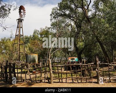 Una ricreazione di un'operazione di taglio delle pecore nell'entroterra è mostrata in un parco botanico del deserto Foto Stock