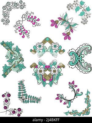 Colorful schizzo ornamentale angoli floreali insieme con fiori decorativi fioriti illustrazione vettoriale isolata di lamine e rami Illustrazione Vettoriale