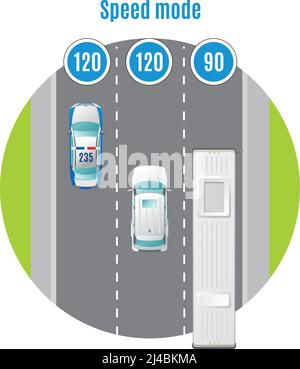 Sistema di visualizzazione dall'alto a colori per il traffico automobilistico con velocità di marcia consigliata per diversi tipi di illustrazione vettoriale dei trasporti Illustrazione Vettoriale
