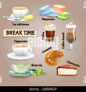 Icone decorative per pausa caffè con cappuccino croissant e macaroon cookie immagine vettoriale isolata Illustrazione Vettoriale