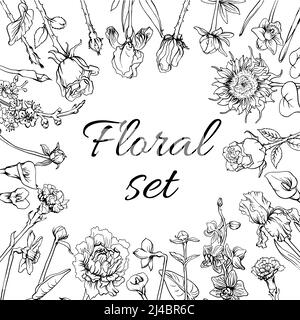 Set di fiori vintage monocromatici in fiore con narciso di girasole calla illustrazione del vettore di ramificazione dell'orchidea di peony e dell'albero di mela Illustrazione Vettoriale