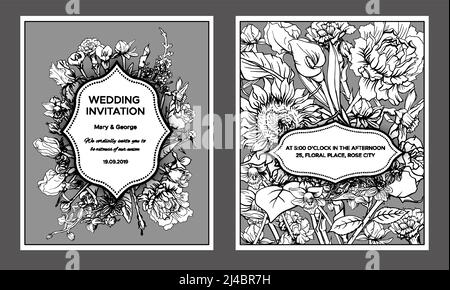 Carte d'invito vintage floreali per matrimoni con testo e fiori naturali fiori primaverili in un'illustrazione vettoriale in stile monocromatico Illustrazione Vettoriale