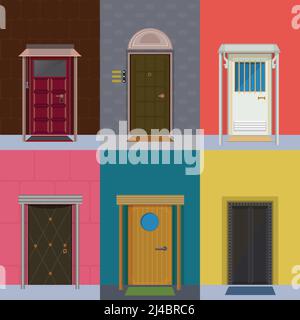 Colorate porte d'ingresso collezione di forme diverse colori costruzione e. materiali in illustrazione vettoriale isolata in stile piatto Illustrazione Vettoriale