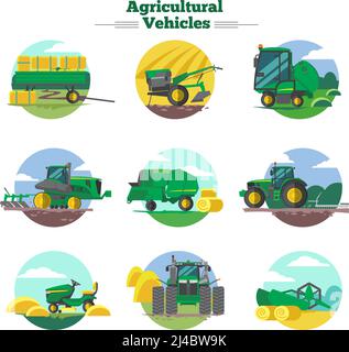 Concetto di veicoli agricoli con semina da coltivazione e confezionamento da raccolta e. trasporto di fieno isolato illustrazione vettoriale Illustrazione Vettoriale