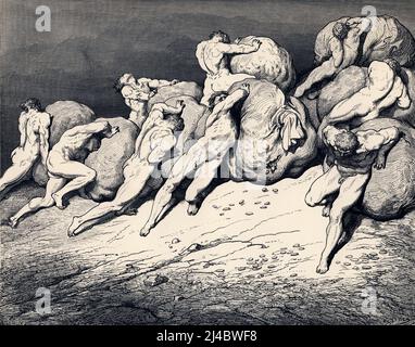 Nelle illustrazioni di Gustave Doré per il quarto cerchio, i pesi sono enormi borse di denaro Foto Stock