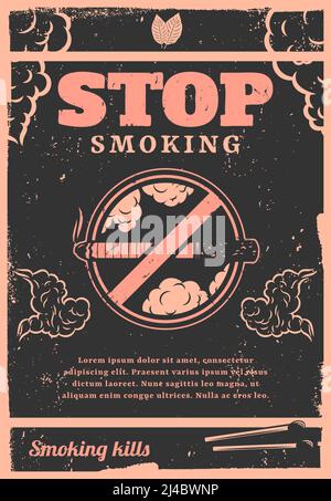 Poster vintage stop fumo con testo sigaretta corrisponde foglie di tabacco e fuma nubi vettore illustrazione Illustrazione Vettoriale