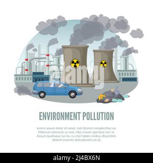 Modello Cartoon inquinamento ambientale con centrale nucleare di fabbrica di automobili e l'illustrazione del vettore di scarto Illustrazione Vettoriale