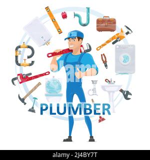 Impianto idraulico colorato rotondo concetto con idraulico attrezzi di riparazione wc attrezzature lavabiancheria tubi caldaia lavello isolato vettore illustrazione Illustrazione Vettoriale