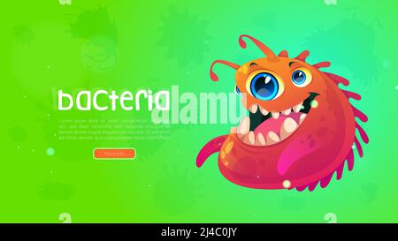 Divertente batterio o germe cartoon web banner. Personaggio di cellule del virus Spooky con il viso toothy, molti occhi, corpo rosso e antenne. Microbo patogeno, muffa, mostro, allergia o mutante alieno, illustrazione vettoriale Illustrazione Vettoriale