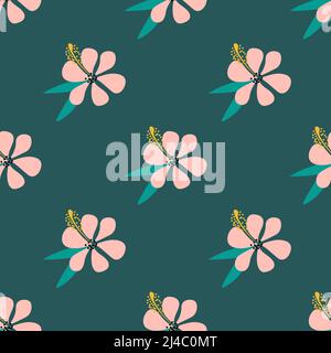 Rosa floreale Hibiscus fiore isolato su sfondo verde scuro è in continuo pattern - illustrazione vettoriale Illustrazione Vettoriale