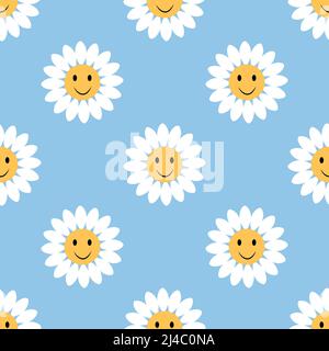 Vintage Sun flower con sorriso isolato su sfondo azzurro è in perfetto pattern - illustrazione vettoriale Illustrazione Vettoriale