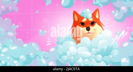 Procedura di lavaggio dei cani nella spa o nel salone di cura degli animali domestici, servizi di cura degli animali. Divertente cucciolo di corgi con schiuma sulla testa godendo salone di coccole sedersi in vasca con shampoo bolle Cartoon vettore Illustrazione Illustrazione Vettoriale