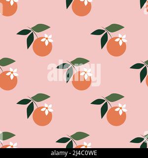 Tropicale arancione colorato con foglie e fiori isolati su sfondo rosa è in un pattern senza giunture - illustrazione vettoriale Illustrazione Vettoriale