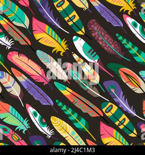 Colorato motivo obliquo senza giunture con piume da uccelli esotici o. peacocks concetto di fauna selvatica o diversità naturale Illustrazione Vettoriale