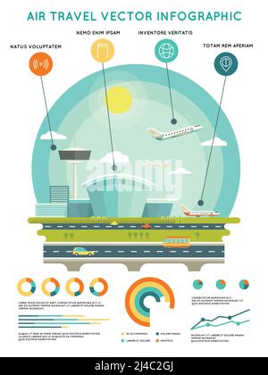 Modello infografico vettore di viaggio aereo con aeroporto e velivoli. Trasporto e viaggio, compagnia aerea di trasporto, illustrazione vettoriale Illustrazione Vettoriale