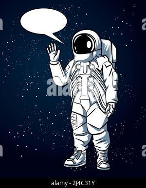 Astronauta in tuta spaziale in stile disegnato a mano nello spazio esterno e bolle del parlato. Spaceman e scienza, l'illustrazione del vettore del casco Illustrazione Vettoriale