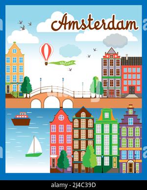 Vettore colorato Cartooned Amsterdam City background con edifici Sea Boats Bridge Air Balloon and Sky. Illustrazione Vettoriale