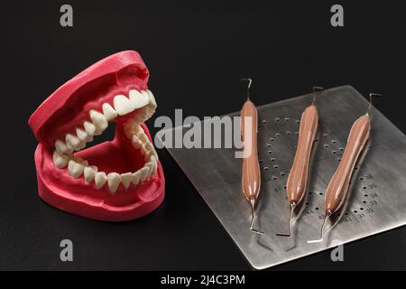 Set di strumenti per il trattamento dentale con disposizione della mandibola umana. Strumenti di restauro dentale e una lastra metallica su sfondo nero. Medi Foto Stock