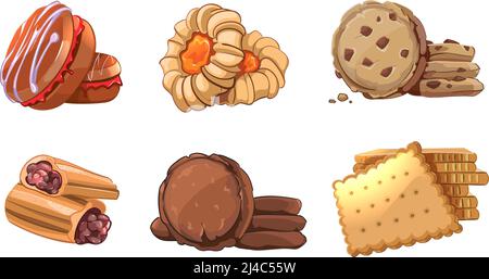 Cookie icone vettoriali impostate in stile cartoon. Elementi da forno, nutrimento di snack, dessert gustoso, crema di pane, pasticceria mangiare illustrazione Illustrazione Vettoriale