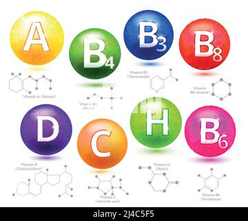 Vitamine strutture chimiche. Vitamina molecolare, vitamina chimica molecolare, vitamina chimica strutturale, illustrazione vettoriale Illustrazione Vettoriale