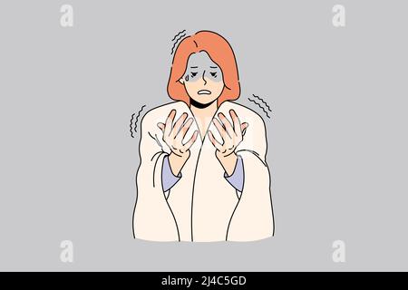 Donna infelice sentirsi ansioso guardare le mani rosse soffrono di malattia o malattia. La donna sconvolto con coperta sulle spalle ha dita frostbite lotta con il tempo freddo. Illustrazione vettoriale. Illustrazione Vettoriale