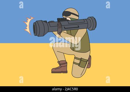 Soldato in uniforme con arma missilistica isolata sulla bandiera Ucraina. Guerriero o esercito con fucile anticarro lotta per l'Ucraina in guerra contro la Russia. Lanciarazzi moderni. Illustrazione vettoriale. Illustrazione Vettoriale
