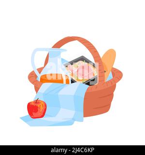 Cibo per barbecue all'aperto, carne e baguette crude al barbecue, caraffa di bicchiere di bevanda nel cestino Illustrazione Vettoriale