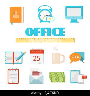 Set di icone per ufficio piatto a colori vettoriali per Web e dispositivi mobili Applicazione (app) Illustrazione Vettoriale