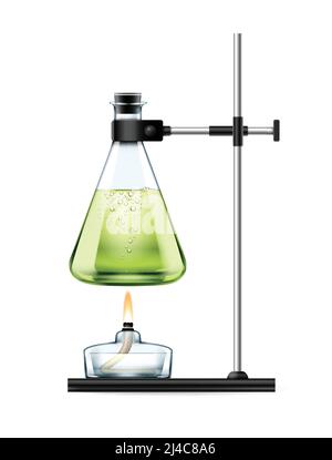 Stativo da laboratorio chimico Vector con matraccio di vetro pieno di verde bruciatore liquido e alcol isolato sullo sfondo Illustrazione Vettoriale