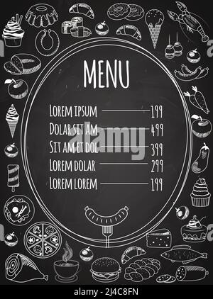 Vector Seamless Food Menu scritto su Lavagna con decorazione alimentare Di lato Illustrazione Vettoriale