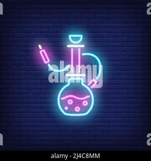 Neon icona di hookah su sfondo muro di mattoni. Fumo o concetto romantico. L'elemento luminoso del segno del neon può essere usato per la pubblicità del salotto, del randello e del caffè Illustrazione Vettoriale